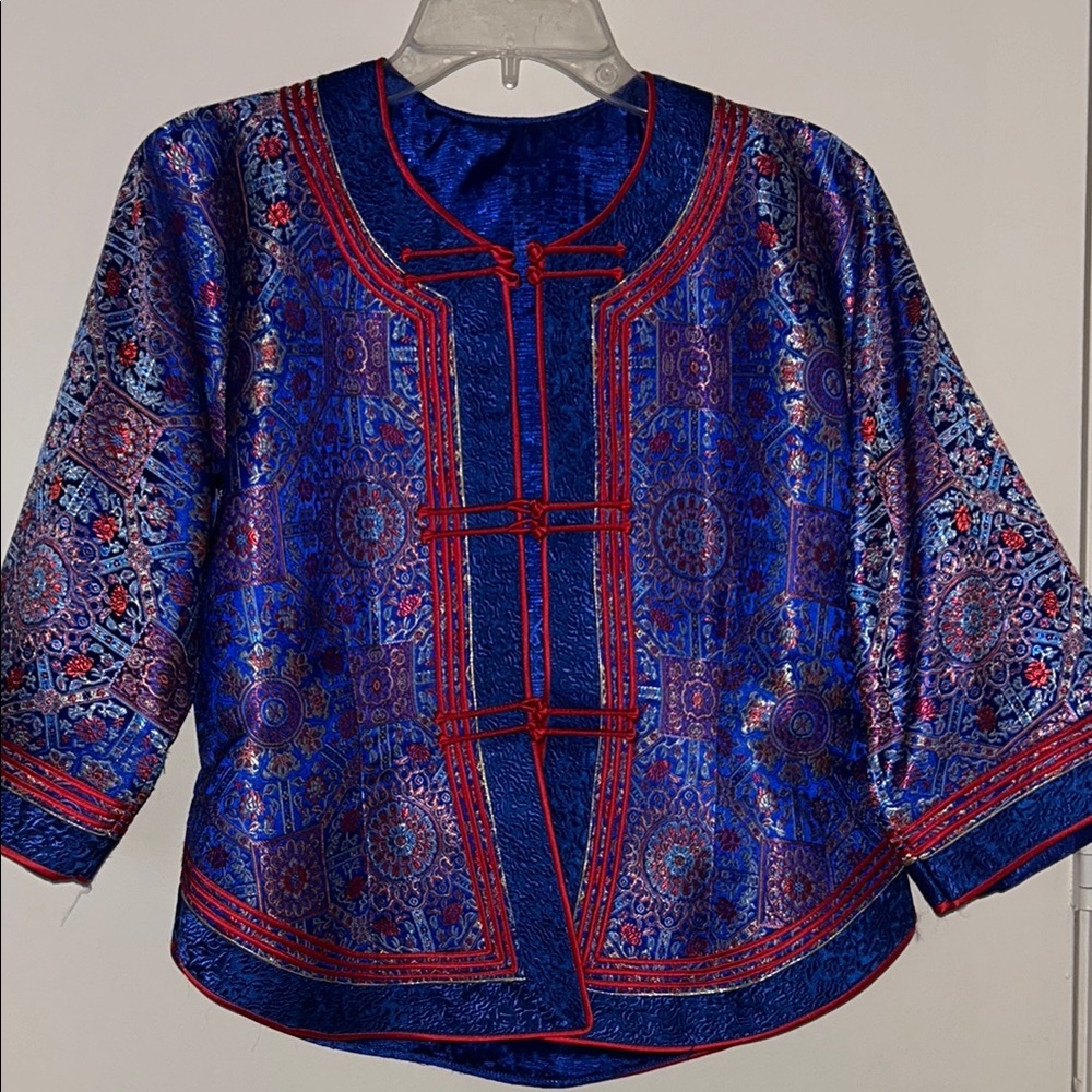 Blue and Red Graphic Blouse with Mandarin Collar